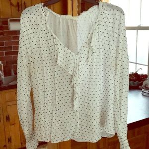 White blouse with ruffle neck and sleeves EUC